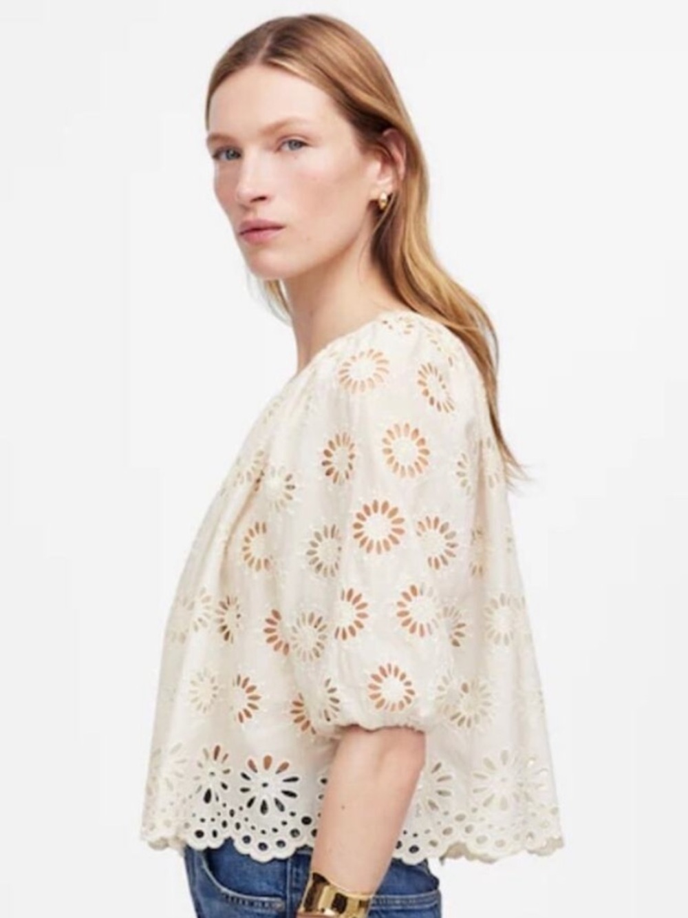Madewell Eyelet Embroidered Floral Eyelet Shirred Puff-Sleeve Top in Cream - Picture 2 of 11